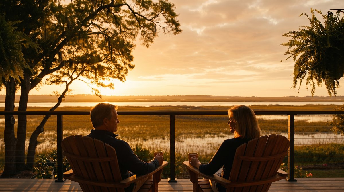 Final generative frame, couple on a marsh-front deck at golden hour