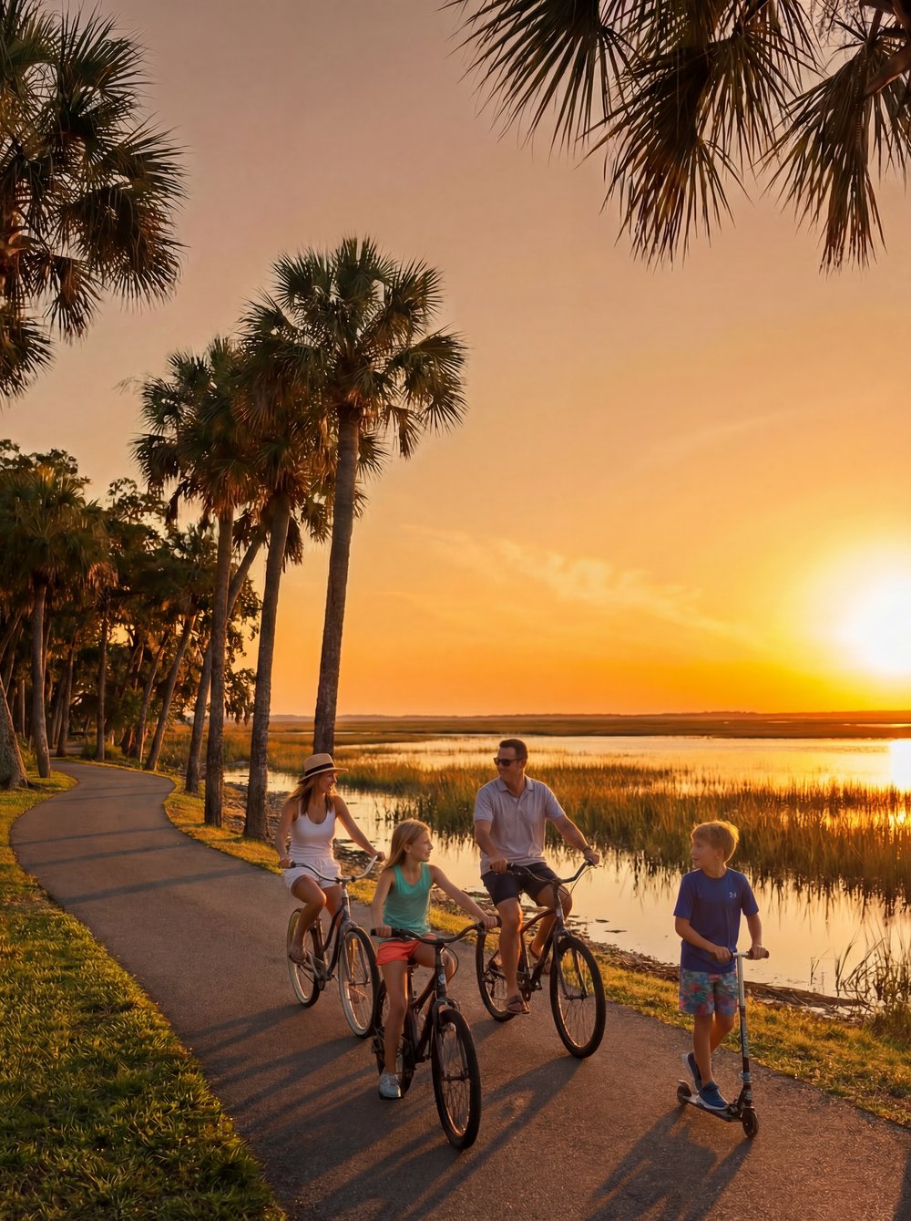 Family biking the marsh path at sunset